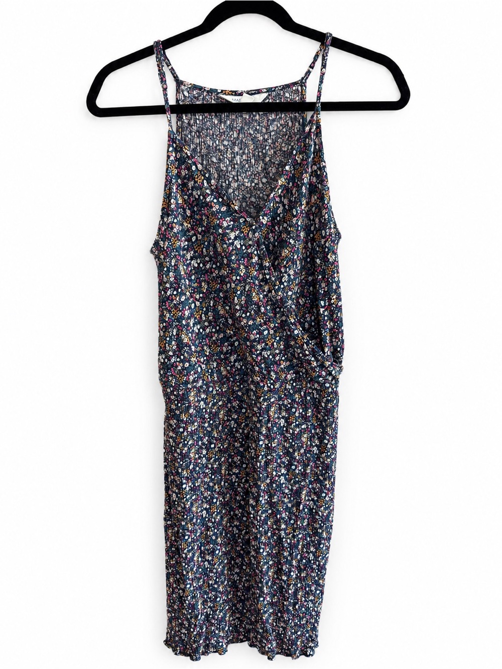 Market & Spruce Navy Ditsy Floral Wrap Midi Dress Rayon Spaghetti Strap Pocket S